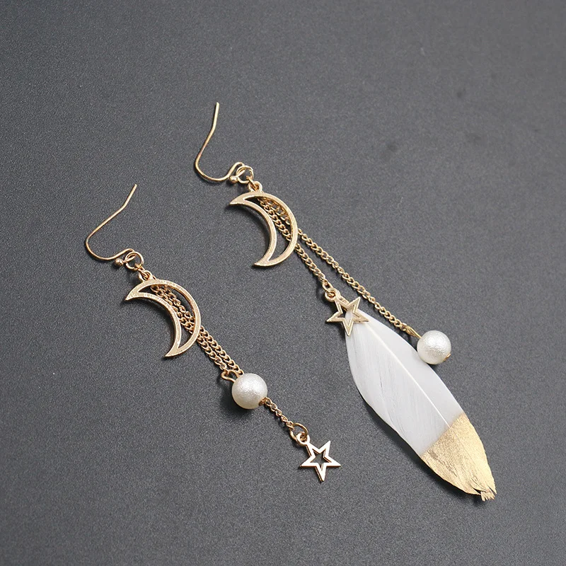 Trendy feather Dangling earrings For Women Moon Star asymmetrical vintage Drop Jewelry aretes de mujer modernos 2019 | Украшения и