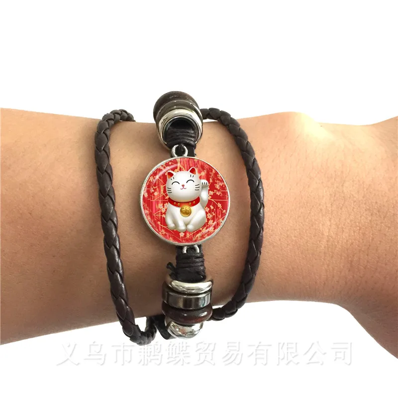 Cat Pet Vintage Bracelet Glass Cabochon Animal Handmade Black/Brown Leather Bangle Lover Creative Gift For Friends | Украшения и
