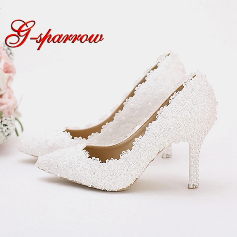 White Lace Wedding Party Shoes Girl Birthday Party Pumps Handmade Bridesmaid Shoes Pointed Toe Women Spring Dress Shoes