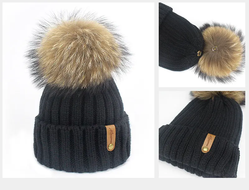 Wholesale Mink And Fox Fur Ball Cap Pom Poms Winter Hat For Women Girl 'S Hat Knitted Beanies Cap New Thick Female Skullies