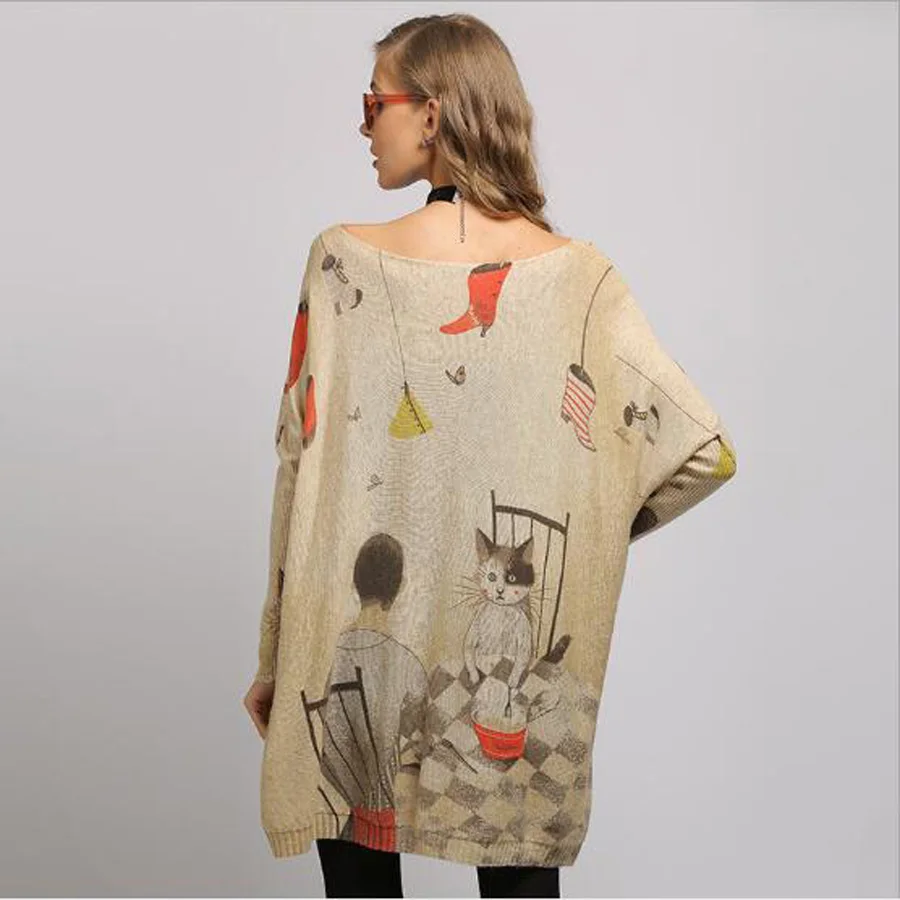 2019 New Regular Boy Cat Print Woman Sweater Oversize Long Batwing Sleeve Pullovers O-Neck Knitted Fashion Casual Clothes | Женская