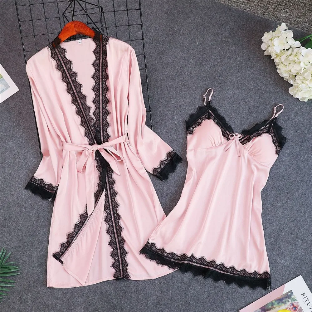 Сексуальный набор женских халатов вышитый кружевной костюм из искусственного