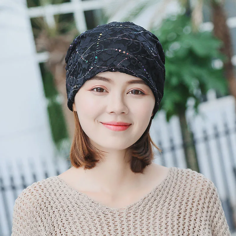 Turban Hats For Women Beanies Ladies Double Layer Lace Flower Bonnet Femme Female Baggy Cap 2018 New Summer Autumn Beanie | Аксессуары