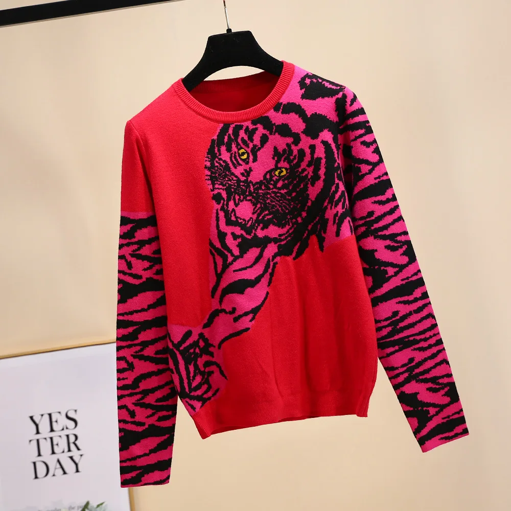 2019 Runway Winter Sweater Women Long Sleeve O-neck Leopard Tiger Head Pattern Vintage Knitted Jumper Casual sueter mujer | Женская
