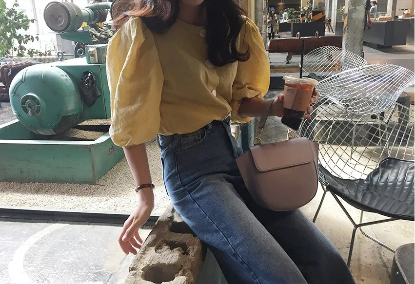 Summer 2019 New Vintage Puff Sleeve Casual Top Yellow O Neck Office Blouse Single Breasted Elegant Shirts |