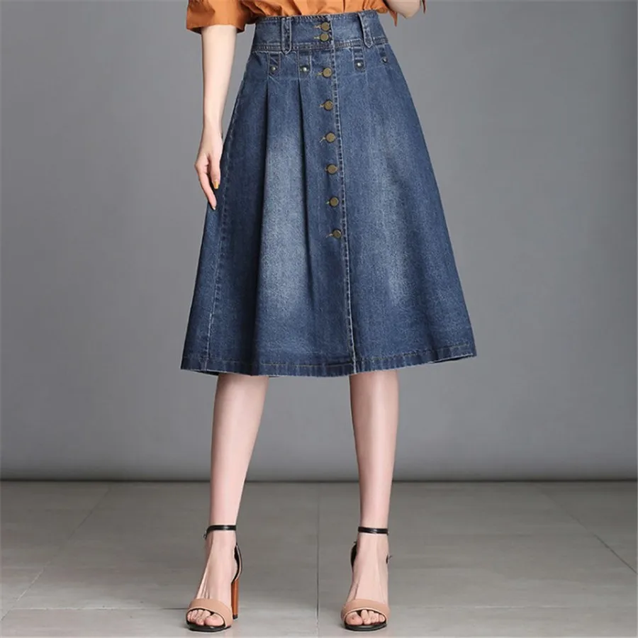 

Summer Denim Skirt Casual Slim Skirt High Waist Single Breasted Midi Shirt Plus Size Jean Skirt 4Xl Elegant A-Line Skirt Xl5074