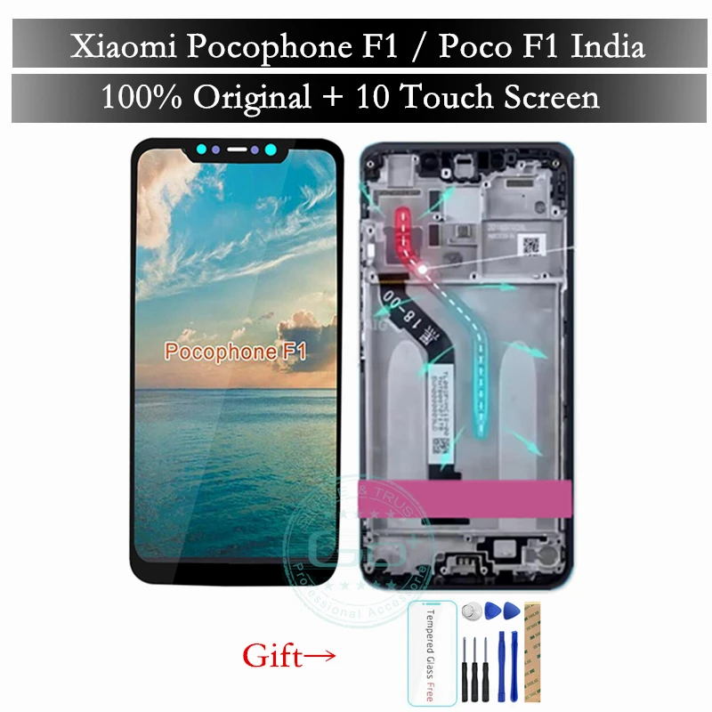 Оригинальный экран Xiaomi Poco F1 ЖК дисплей + рамка 10 Сенсорная панель Pocophone дигитайзер