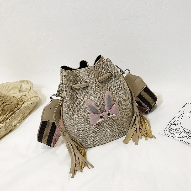 

Cute fashion rope bag handbag bucket bag lady cartoon rabbit slung shoulder bag outdoor travel handbag high quality discount