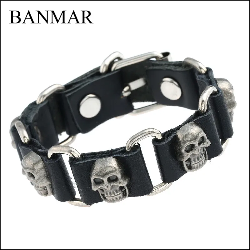 Banmar женский мужской пряжкой из натуральной коровьей Кожаные браслеты черепа