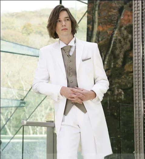 2017 Classic Design Peaked Lapel White Long Groom Tuxedos Men's Wedding Dress Prom Clothing ( jacket+Pants+vest+tie)