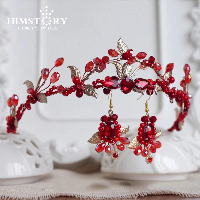 Ручная работа европейские ретро красные стразы бусины и лист свадебные волосы