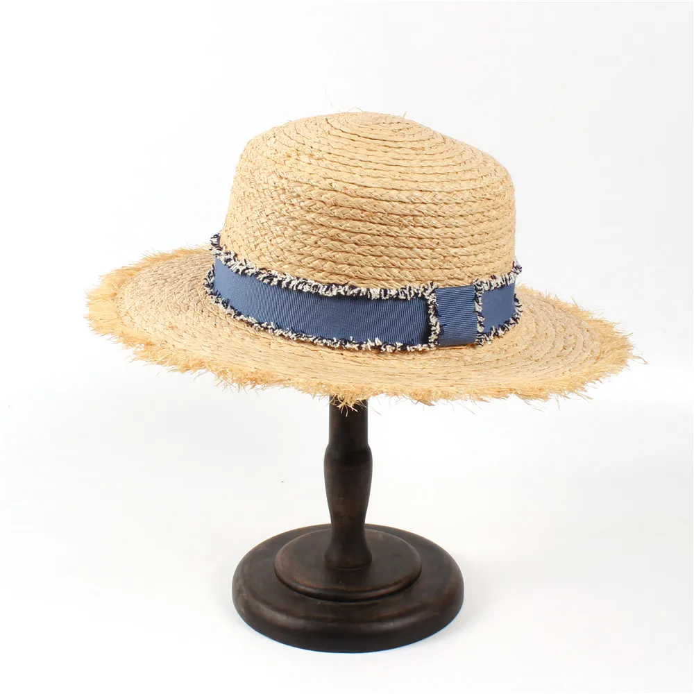 Женская пляжная шляпа из рафии элегантная Панама от солнца с кисточками плоским