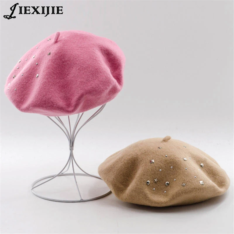 

Jiexijie winter hats High quality wool Mina models riveted pink wool beret ladies painter hat rivet round cap gorros for women's