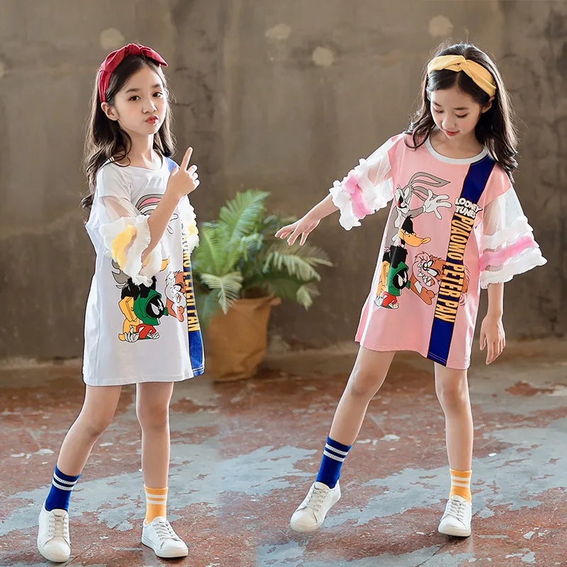 

Chaofan Parent-Child Dress kid Westernized Dress Horn Sleeve pony New Girl's T-shirt Graffiti Summer 2019