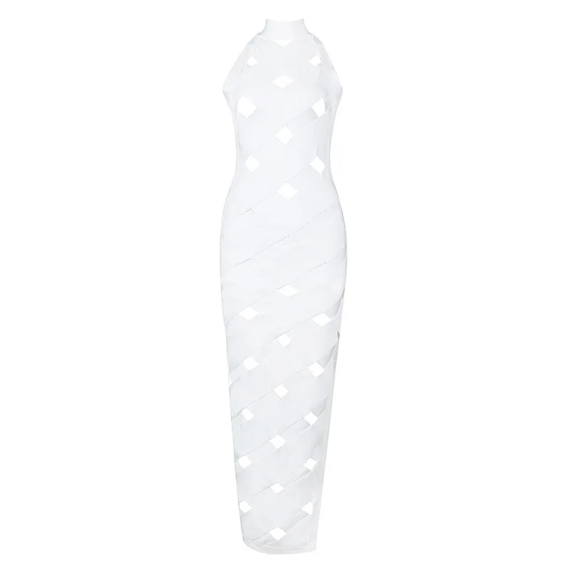 2020 New Summer Women Dress Vestidos Mid-calf Bandage Dresses White Hollow Out Split High Neck Celebrity Party Wholesale | Женская