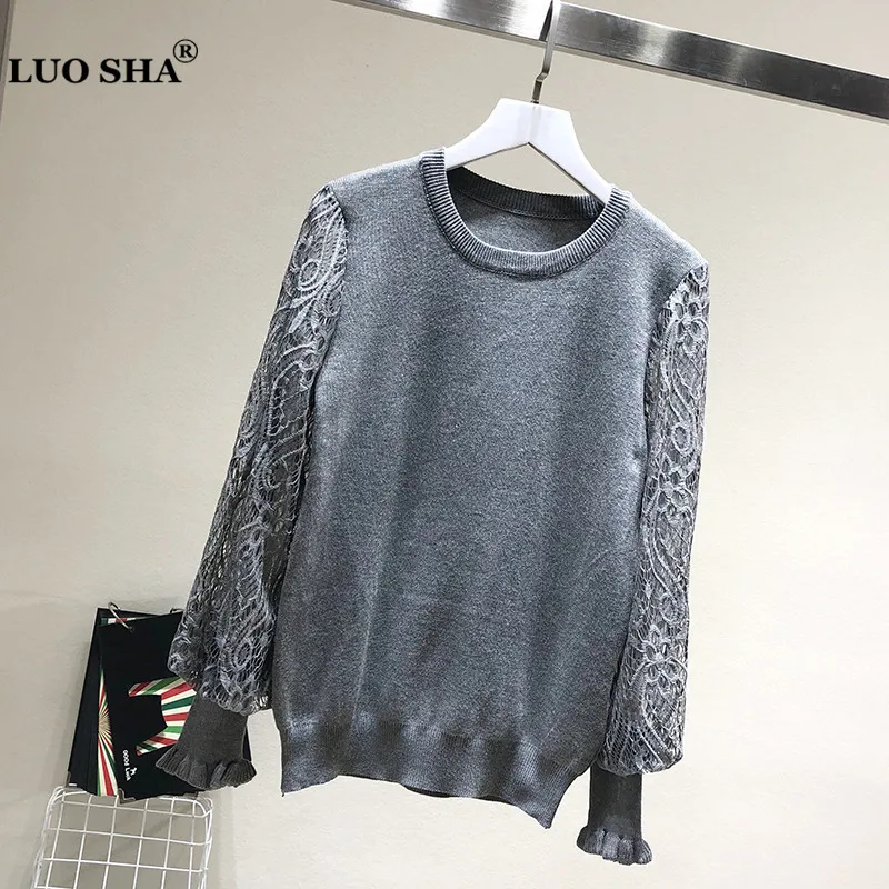 LUOSHA Women Autumn Winter Knitted Pullovers And Sweater Hollow Out Lace Sleeve Patchwork Female Pull Femme | Женская одежда