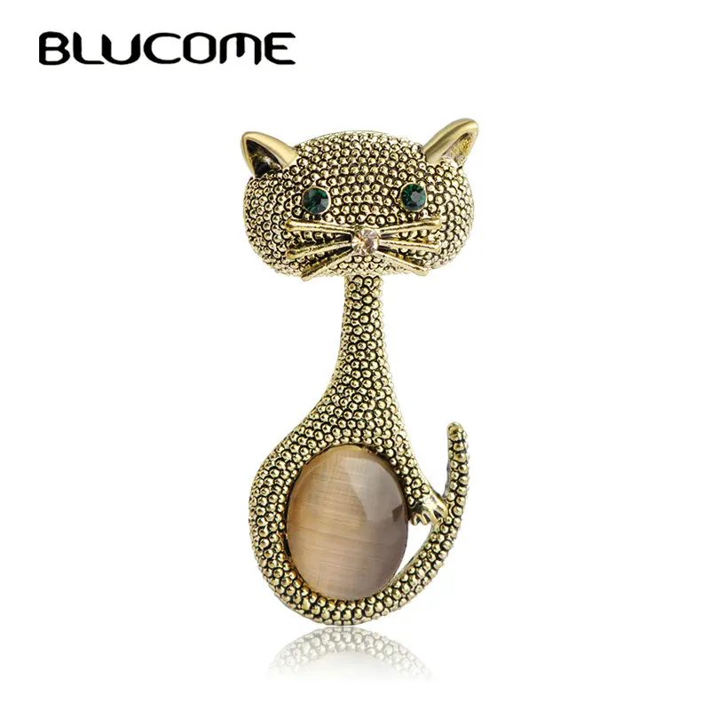 

Blucome Vintage Green Eyes Cats Brooch Corsage Antique Gold Color Opals Animal Brooches For Women Kids Small Hijab Pins Jewelry