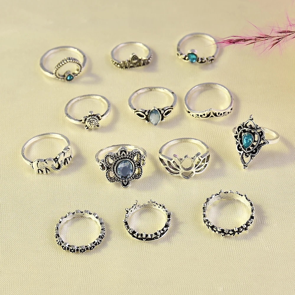 

2020 New Fashion 13 Pcs/set Bohemian Retro Crystal Flower Leaves Hollow Lotus Gem Ring Set Women Wedding Jewerly