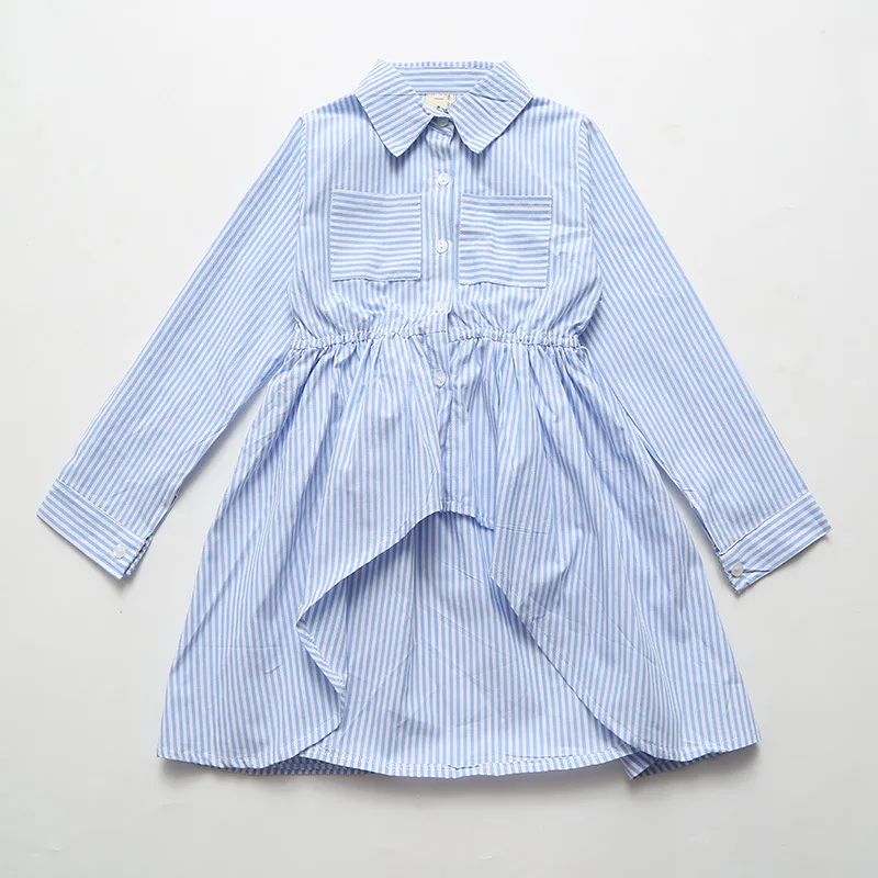Kids Girls Shirts Fall 2018 Children Cotton Striped Shirt Dress Blue Blouses 5 7 9 10 12 Years Clothes | Мать и ребенок