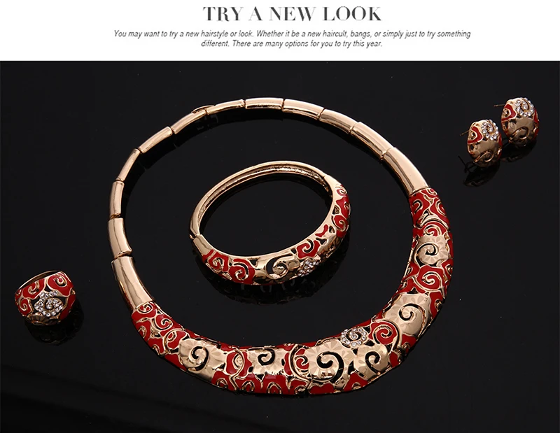 Necklace Bangle Stud Earrings Finger Ring Statement Jewelry Sets Luxury Vintage Gold color Rhinestone Red Flower Pattern Collar | Украшения