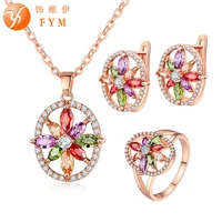 fym top sale luxury women jewelry set designer hollow flower colorful zircon necklaceearringring set bijoux femme fymjs0142