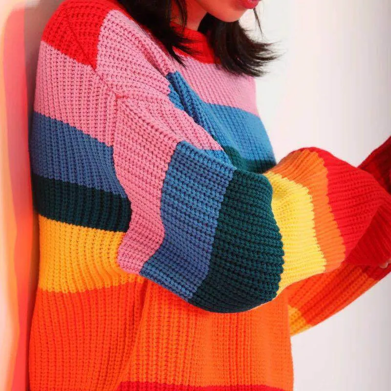 Rainbow Striped Women Sweaters 2018 Autumn New High Street Oversized O-neck Knitwear Knitted Pullovers cws0101-5 | Женская одежда
