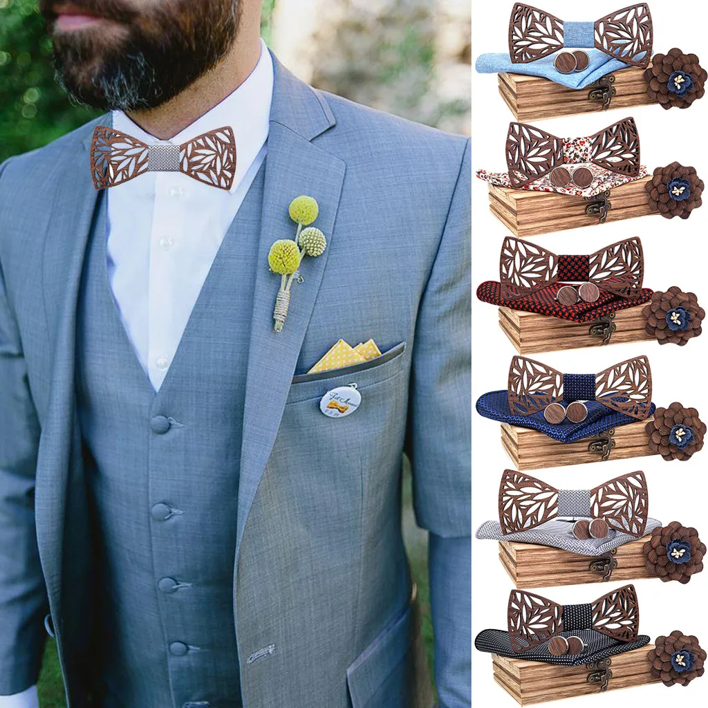 Wooden Bow Tie Handkerchief Set Men's Plaid Bowtie Wood Hollow carved cut out Floral design And Box Novelty ties Bowtie