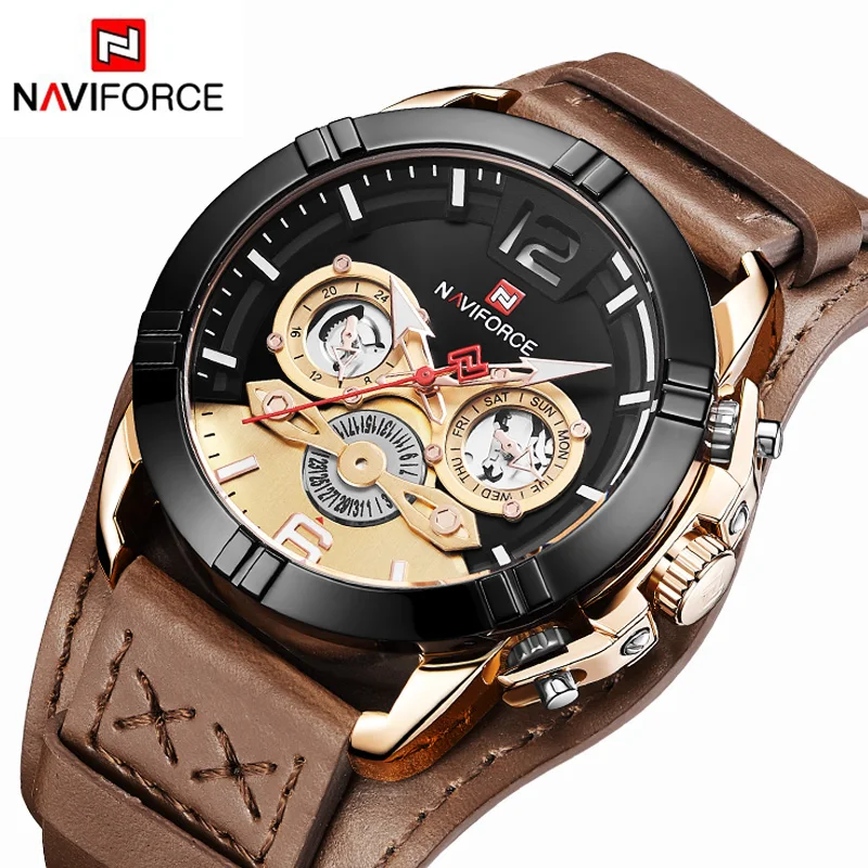 NAVIFORCE мужские часы Топ бренд класса люкс кожа Хронограф Спортивные