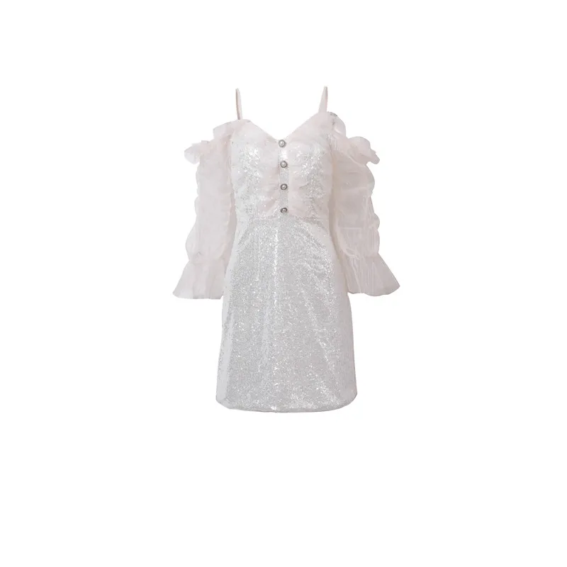Summer Sexy Deep V Neck Nightclub Dress Blingbling Sequined Fairy Mesh Chic Mini Women Cold Shoulder A Line Party | Женская одежда