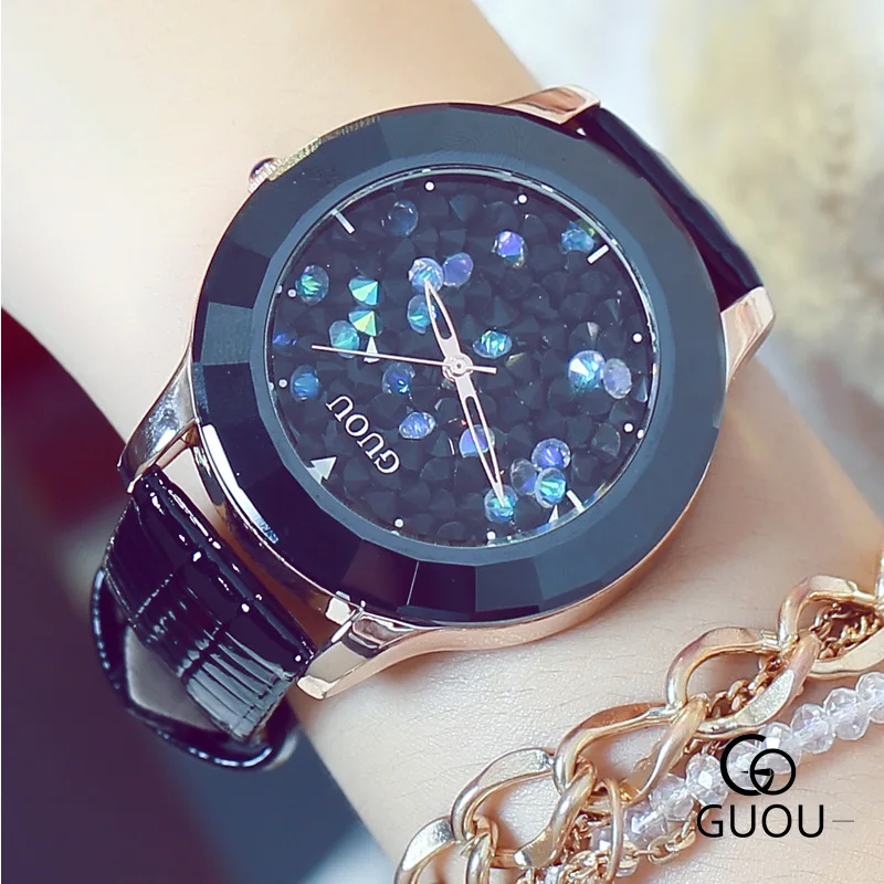 Часы GUOU женские модные кварцевые со стразами кожа | Наручные часы