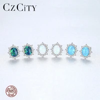 czcity 925 sterling silver oval stud earrings for women exquisite shiny cz flower opal three colors joyas de plata jewelry gifts