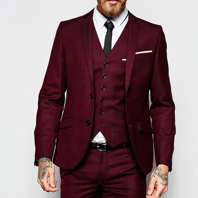 Бордовый для мужчин костюмы Slim fit выпускного вечера свадебные жениха v образный
