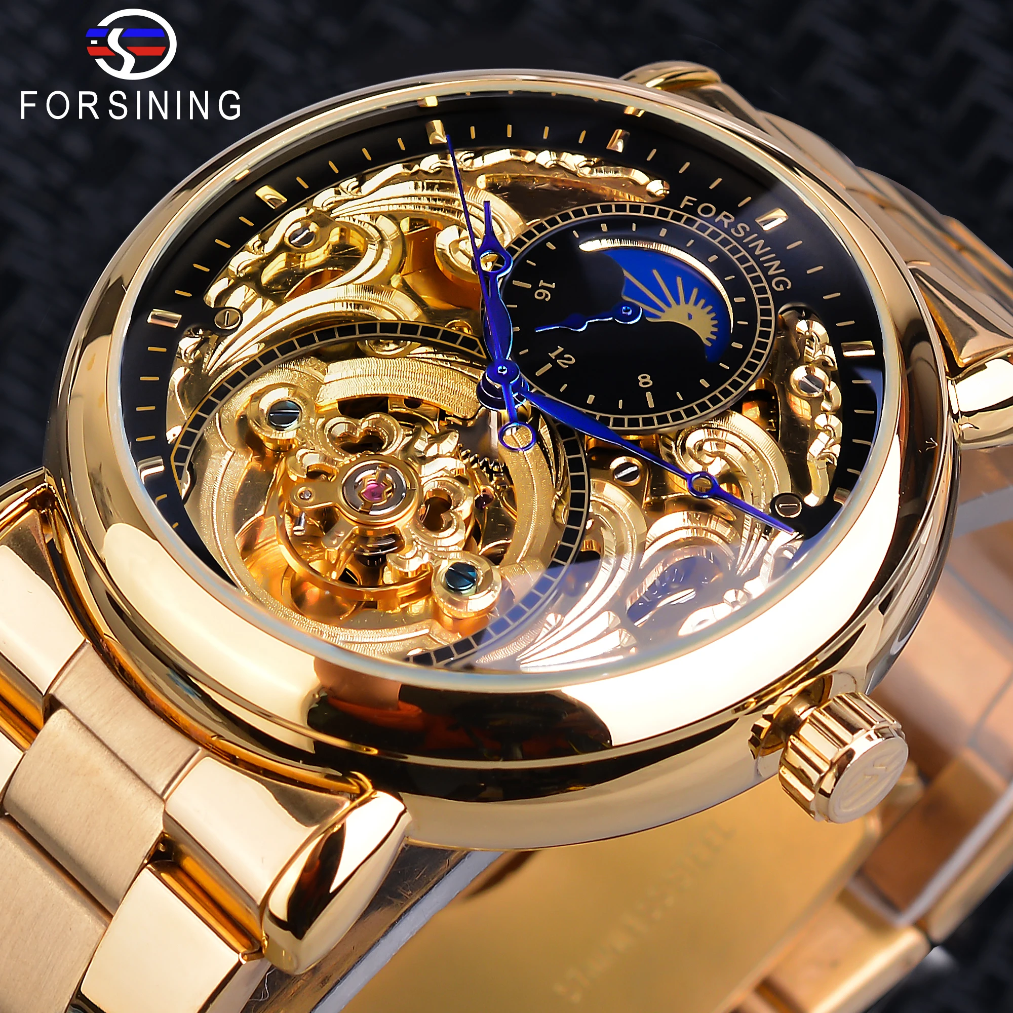 Forsining 2019 новый дизайн Moonphase золотые автоматические механические часы Tourbillion