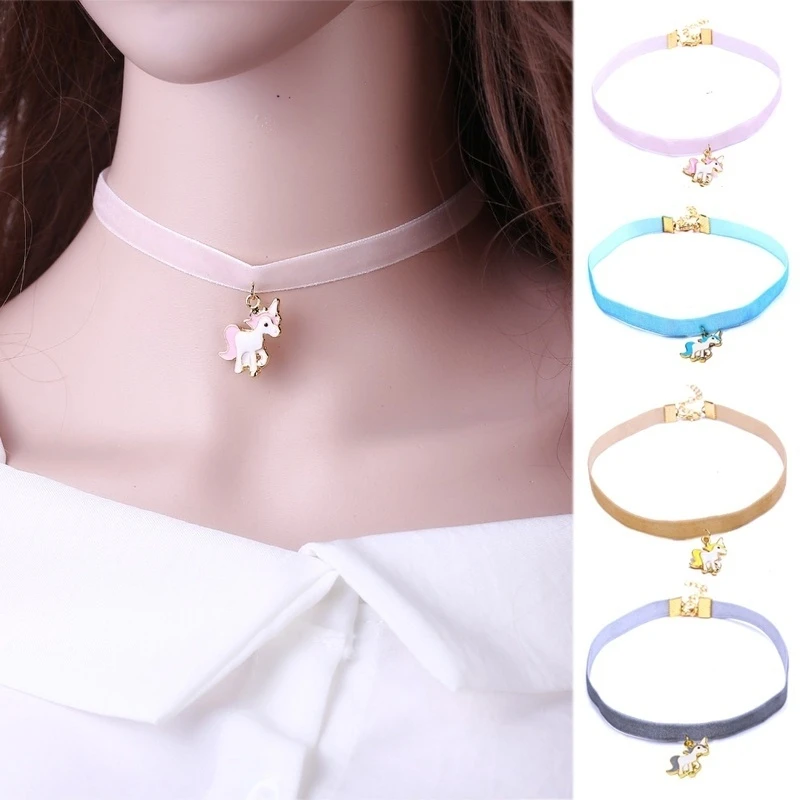 Детское женское ожерелье с подвеской в виде единорога 4 цвета кружевное