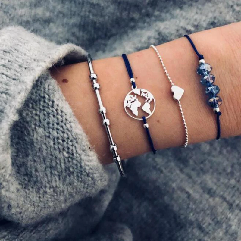 Docona Boho, золотой, серебряный цвет, карта, корпус, кисточка, многослойный браслет, набор для женщин, девушек, бисер, камень, регулируемый браслет, Pulseiras