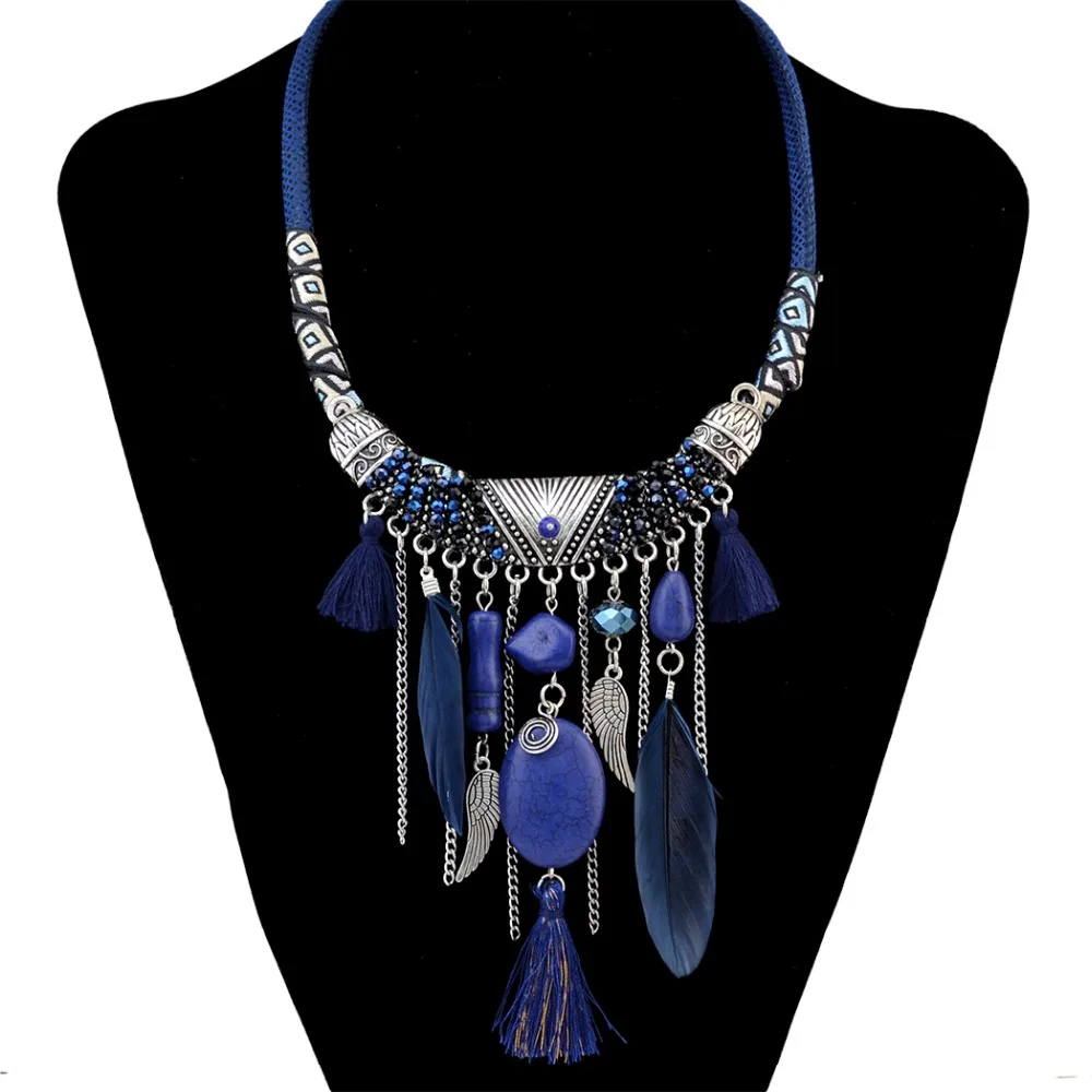 

Necklace 2 Colors Bohemian Fashion Statement Rope Leather Chain Resin Beads Natural Stone Feather Tassel Necklace Ladies Jewelry