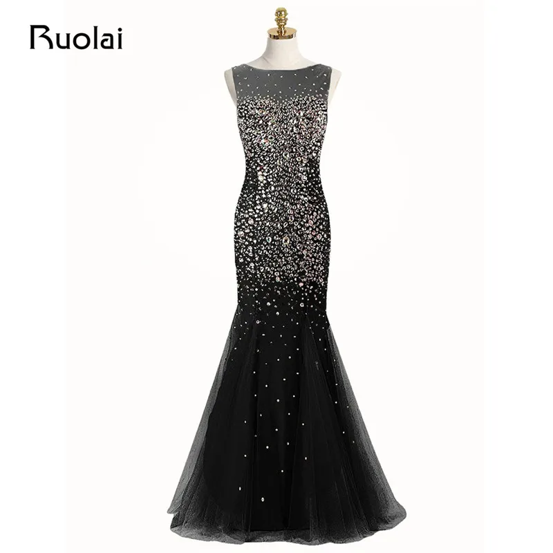 Роскошное черное платье Русалка для выпускного вечера с кристаллами и вырезом