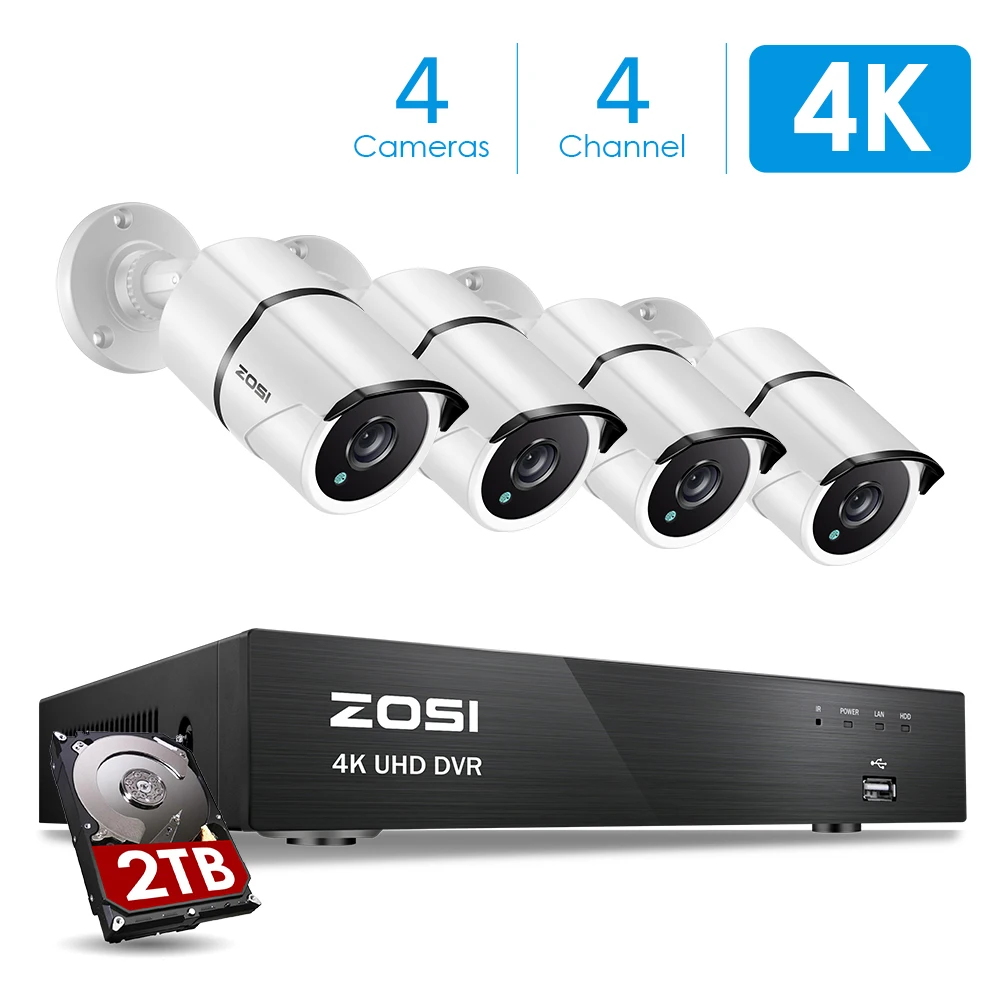 ZOSI 4K Ultra HD система видеонаблюдения 4 канала H.265 + видео Dvr с 2 ТБ HDD и 4x4 K (8MP) Ip67