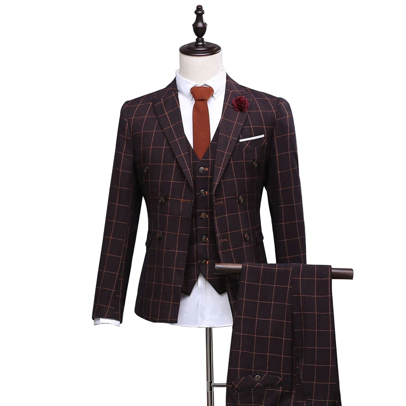 Blazer Pants Vest OSCN7 двубортный клетчатый костюм на заказ для мужчин, 3 предмета, мужской свадебный костюм на заказ, Мужской Блейзер на заказ 8801-12 - Цвет: Blazer Pants Vest