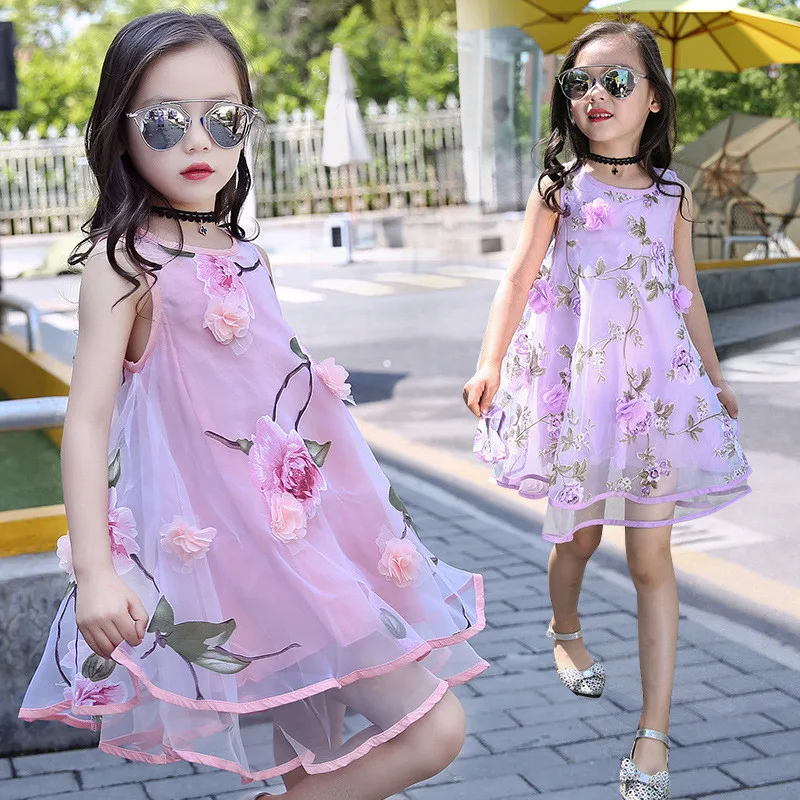 2020 Summer Girls Kids Flower Knee Sleeveless Dress Baby Children Clothes Infant Party Dresses 6 7 8 9 10 11 12 13 14 15 years | Детская