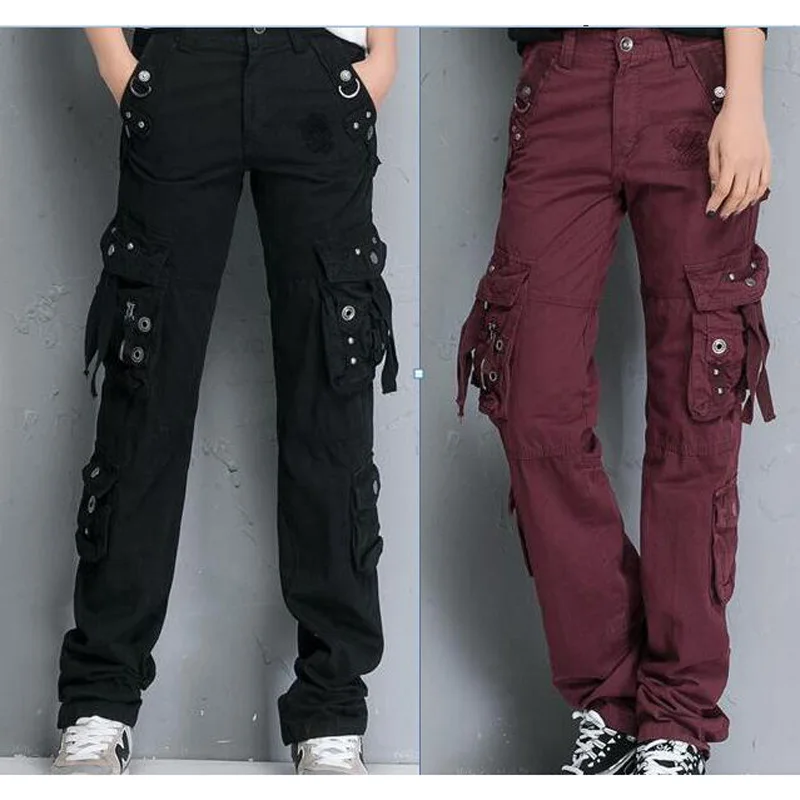 

New Women'Pants Army Green military cotton cargo pants loose Multi pockets straight Street Dance trousers