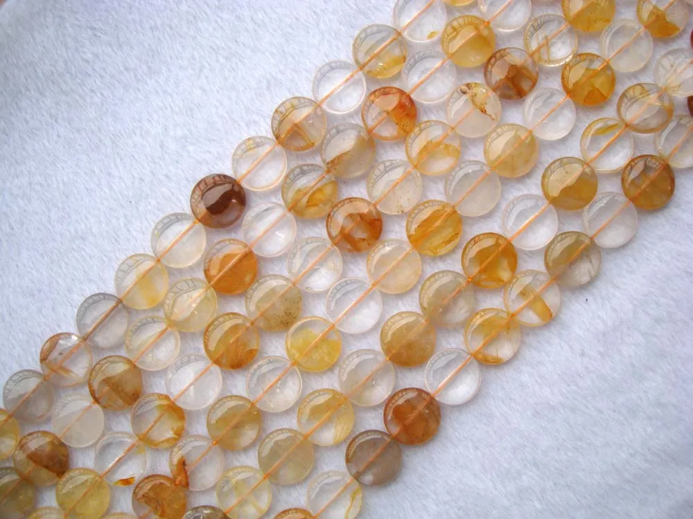 Натуральная желтая кварцевая плоская монета/круглая beads15mm15 5 &quotдля