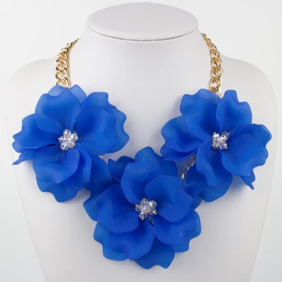 Royal Blue Цветочное ожерелье для женщин, цветное короткое колье, модное ювелирное изделие, крупное ожерелье с тремя цветами, 12 цветов на выбор - Окраска металла: Royal Blue