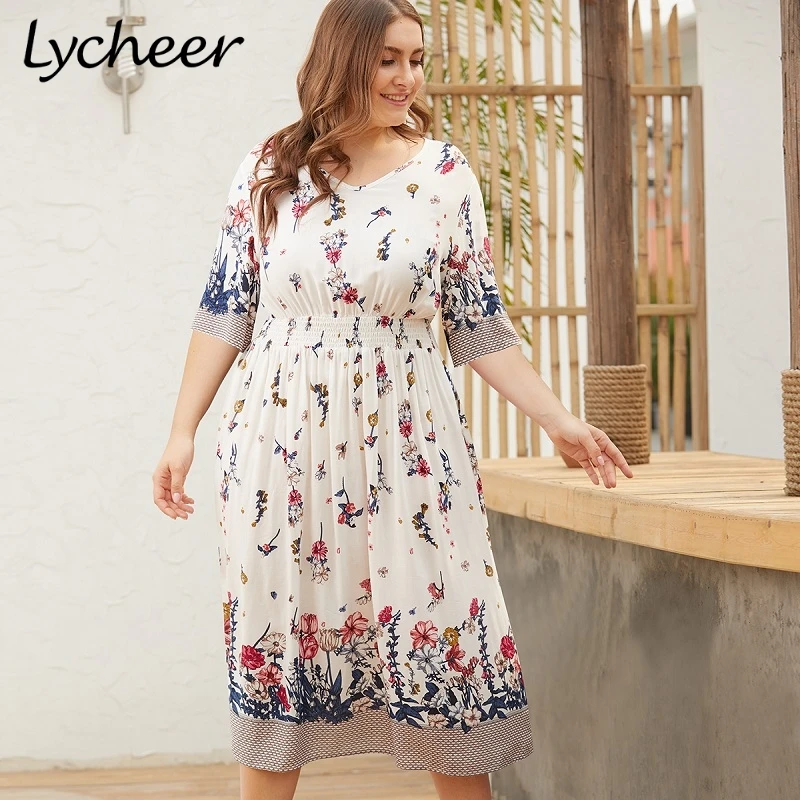Женское винтажное платье с высокой талией Lycheer богемное миди цветочным принтом