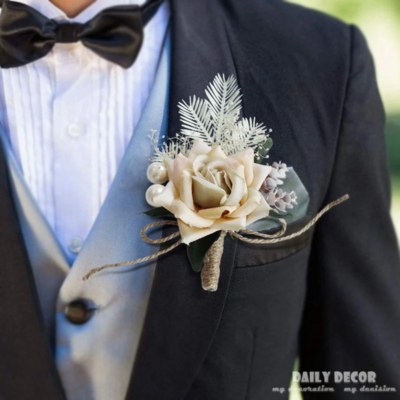 

2pcs/set ! vintage Artificial champagne rose bridal hand / wrist flowers & wedding groom corsages / boutonnieres