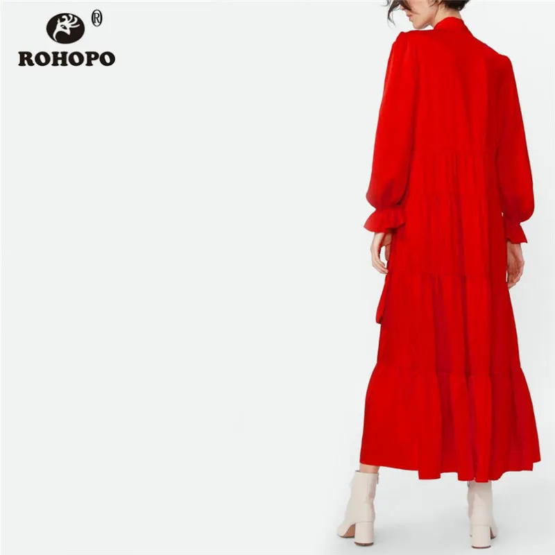 ROHOPO 4-слойное платье Макси-платье средней длины с бабочкой и длинными рукавами