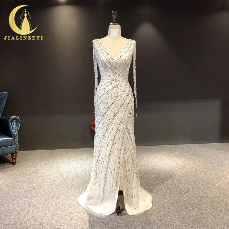 

JIALINZEYI Real Picture Lusurious Full Beads Crystal Slit Backless Formal party Dress evening Dresses AJ002