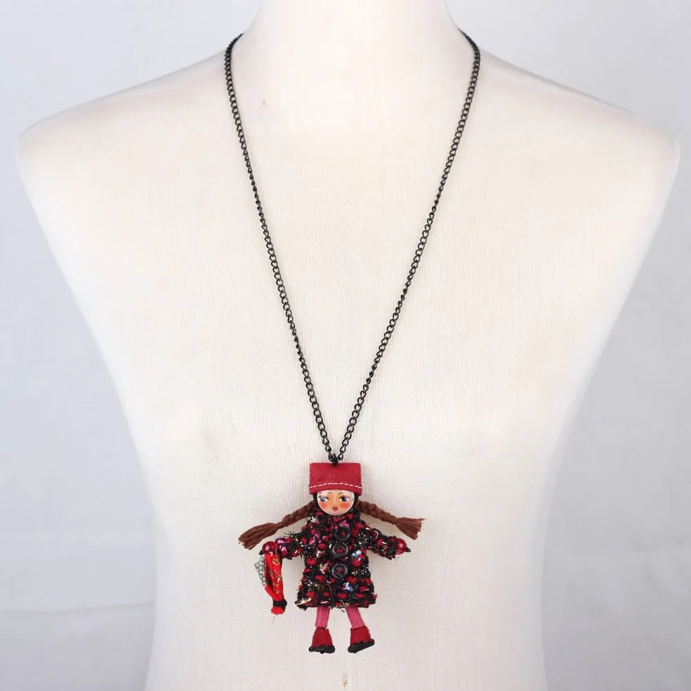 Bonsny Handmade Doll Necklace French Girl Statement Fabric Long Chain Pendants 2016 New Cute Choker Girls Women Accessories | Украшения и