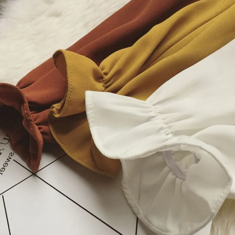 

Long Sleeved Female Shirt Women Sweet Bow Tie Neck Ruffles Chiffon Shirts Loose Blouse Ladies Casual Tops Blusas Solid Y6