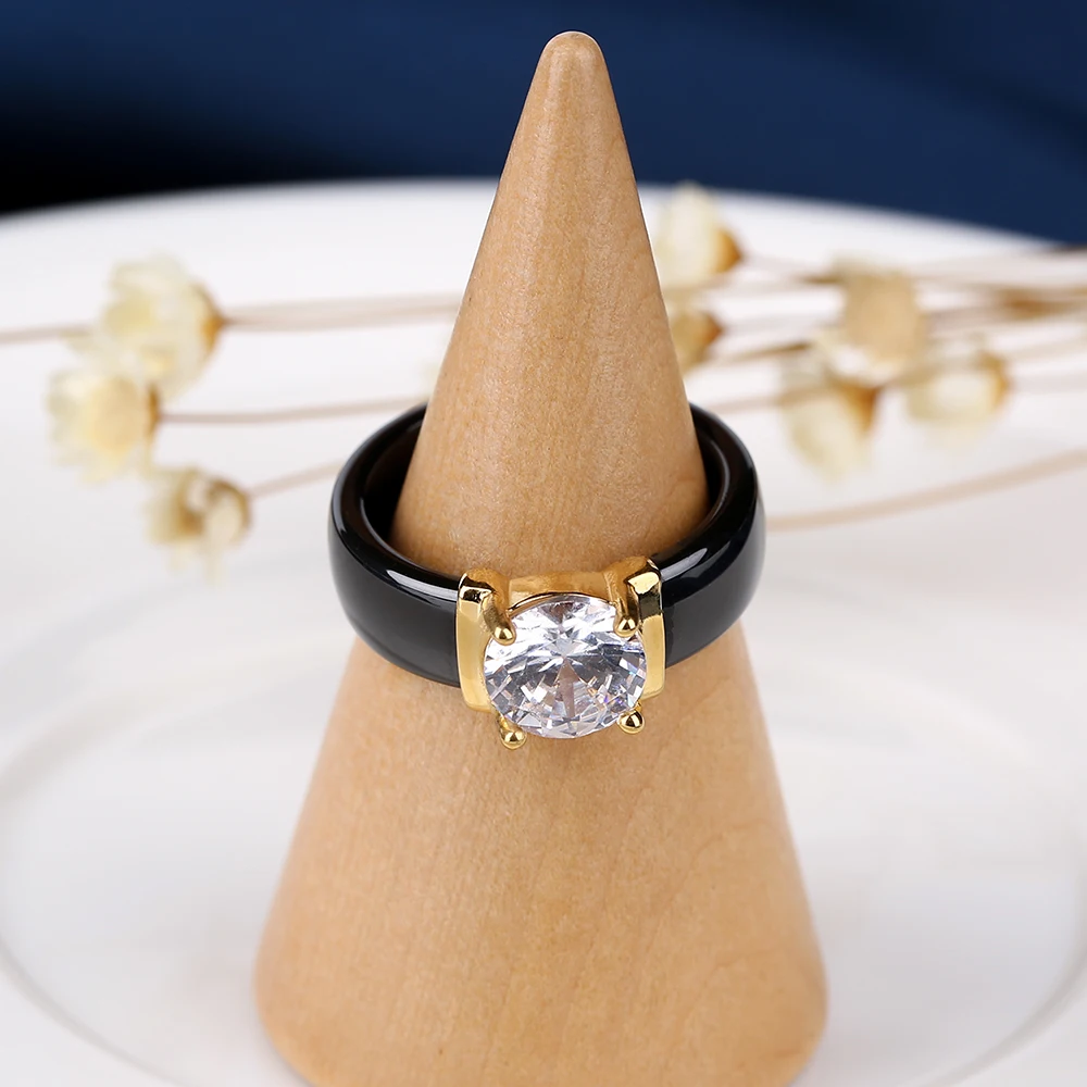 Модное большое керамическое кольцо с кристаллами золотого цвета металлическое